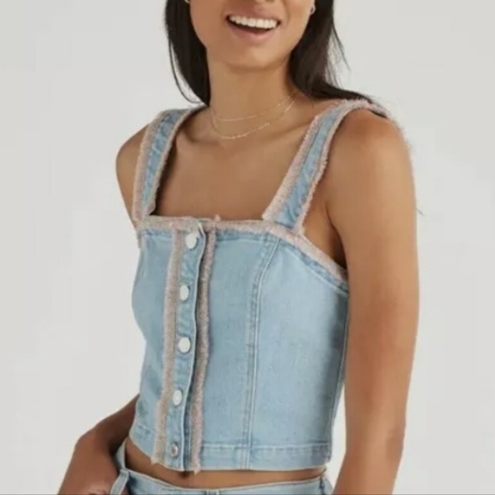 7 For All Mankind Frayed Denim Bustier Light Blue Multi XSmall